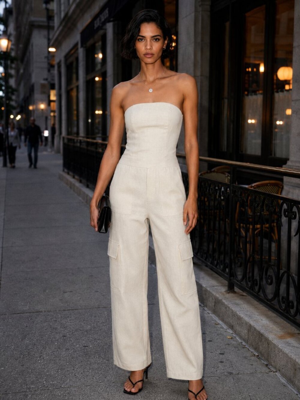 Zara Cargo Jumpsuit Cotton Strapless Long Cream White Size Small